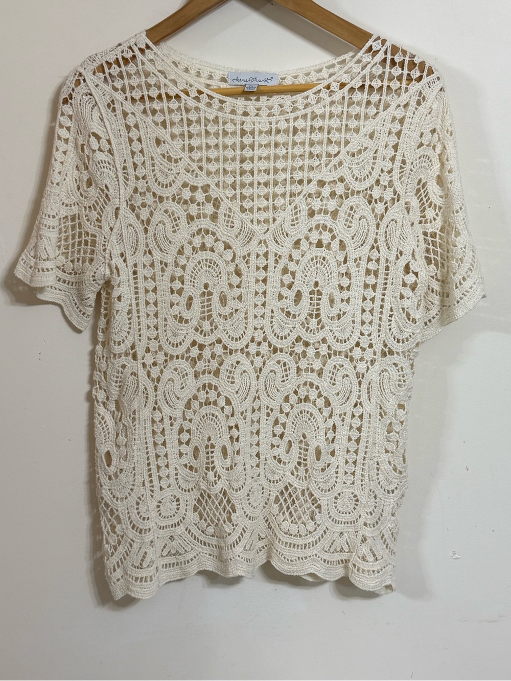 KEREN hart Cream Crochet Lace Short Sleeve Blouse